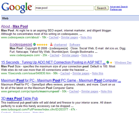 Max Pool term ranking #1 in Google